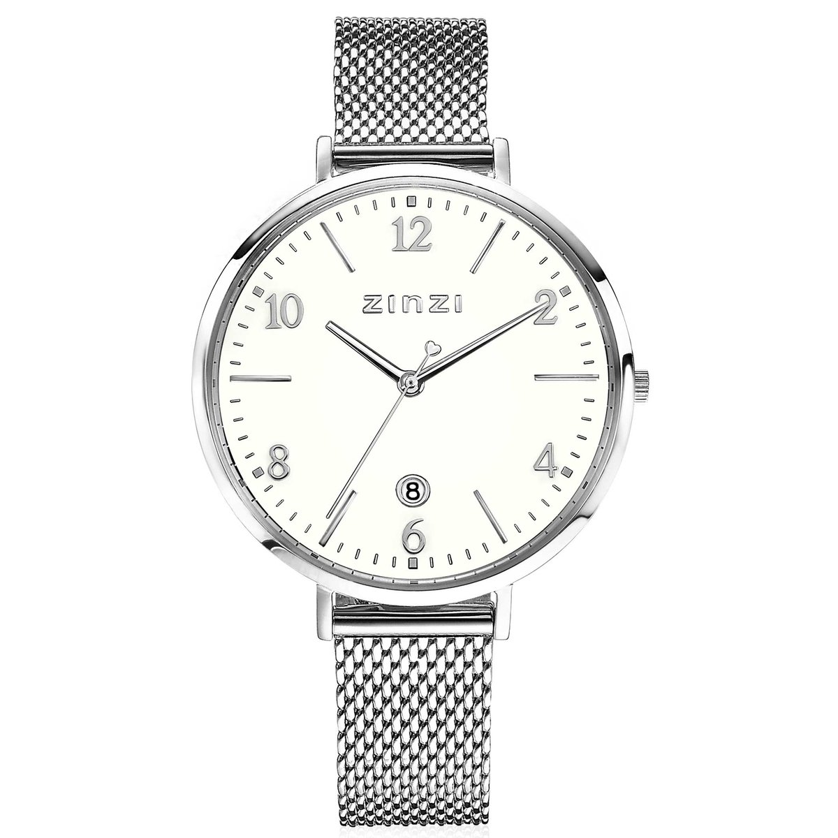 ZINZI horloge SOPHIE witte wijzerplaat met datum, stalen kast 38mm, stalen mesh band 14mm ZIW1406
