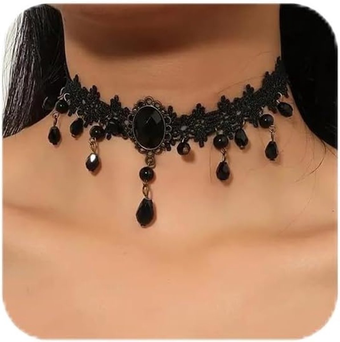 Verstelbare Zwarte Halsketting voor Dames van Fluweel en Leer met Kristallen - Goth Sieraden voor Carnaval en Cosplay
