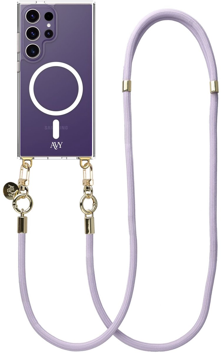 AVY Hoesje geschikt voor Samsung Galaxy S24 Ultra | Compatibel met MagSafe | Clear Case met Telefoonkoord 130CM | Crossbody Tressé Purple