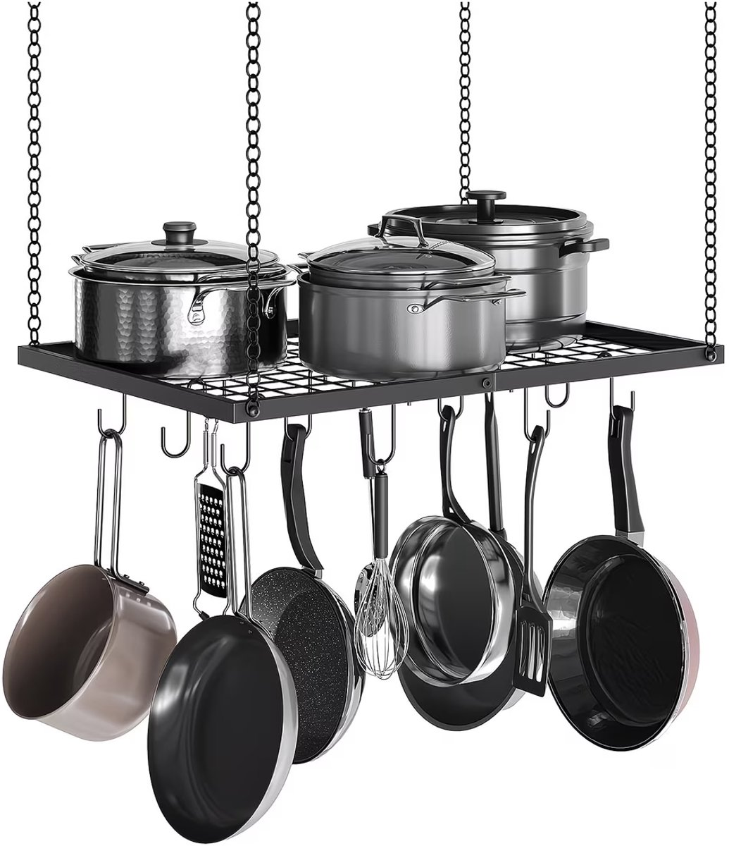 Home & Beyond® Hangend Pannenrek Plafond – 60 x 40 cm – Inclusief 12 S-Haken – Metalen Keukenrek voor Pannen, Potten en Keukengerei – Zwart
