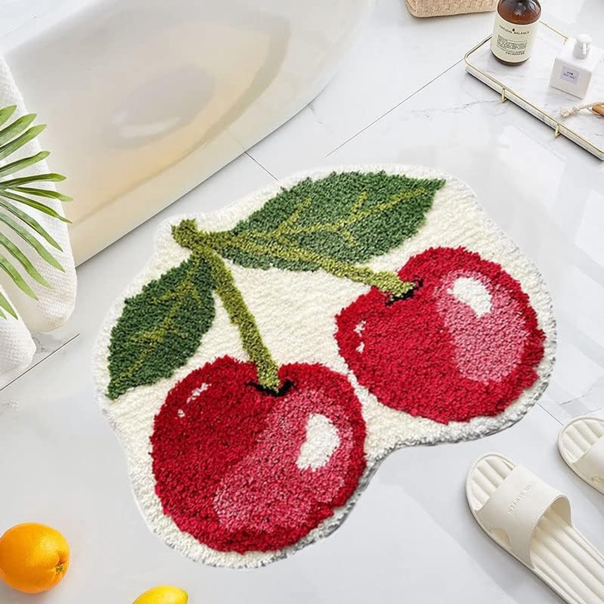 Leuk kersenrood kinderbadkamerkleed, antislip en absorberende badmat, wasbare pluizige slaapkamerdecoratie, zachte badmat Geschikt voor onder de douche, 60x90 cm
