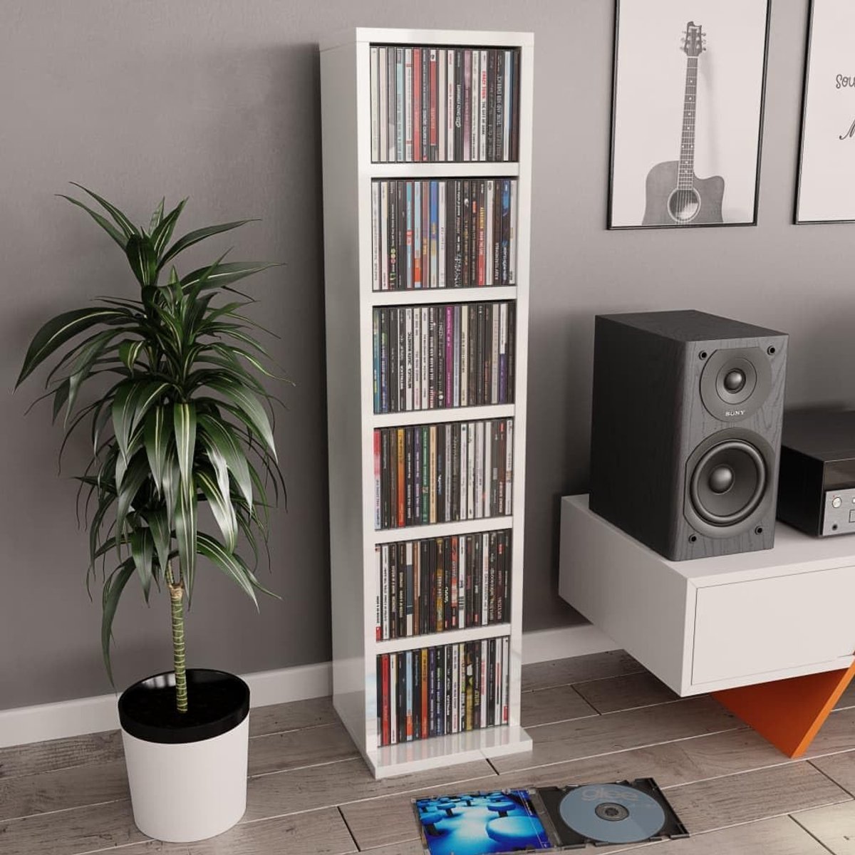 CD Kast - Muziekrek Opbergkast - Muziekcollectie Organiseren - Zes Open Vakken - 21x20x88 cm - Hoogglans Wit