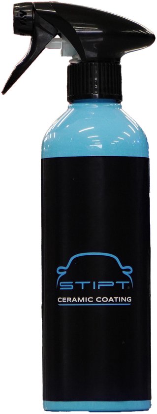 Zwarte spuitfles met lichtblauwe hals en bodem, met het logo van Stipt Ceramic Coating.
