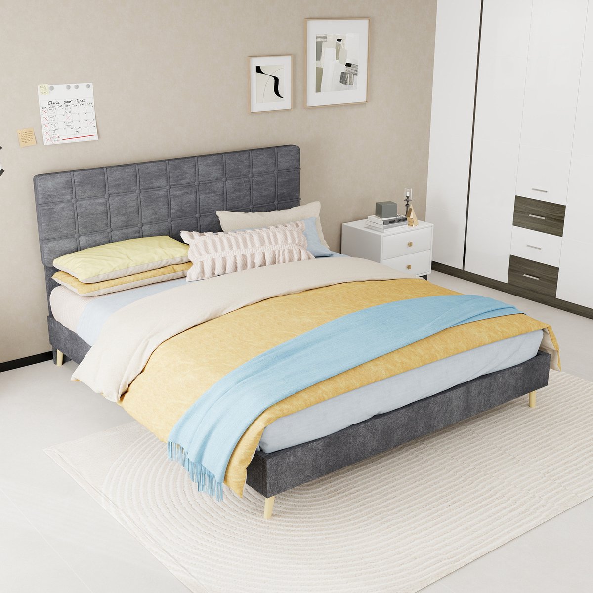 COVREO Bed 160x200 cm grijs stof, gestoffeerd hoofdbord en houtlook poten