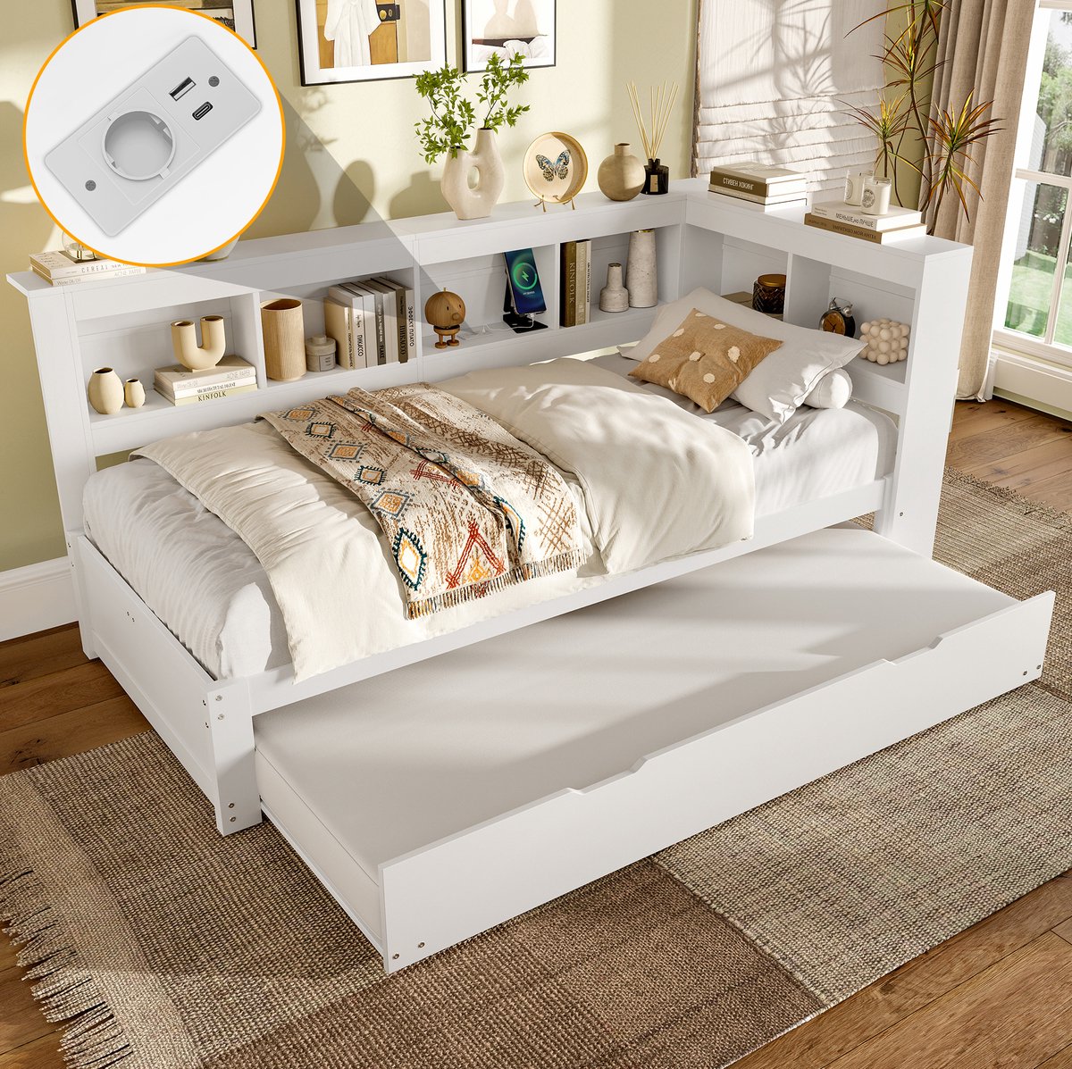 COVREO Bedbank 90x200 cm wit met USB en uitschuifbed zonder matras