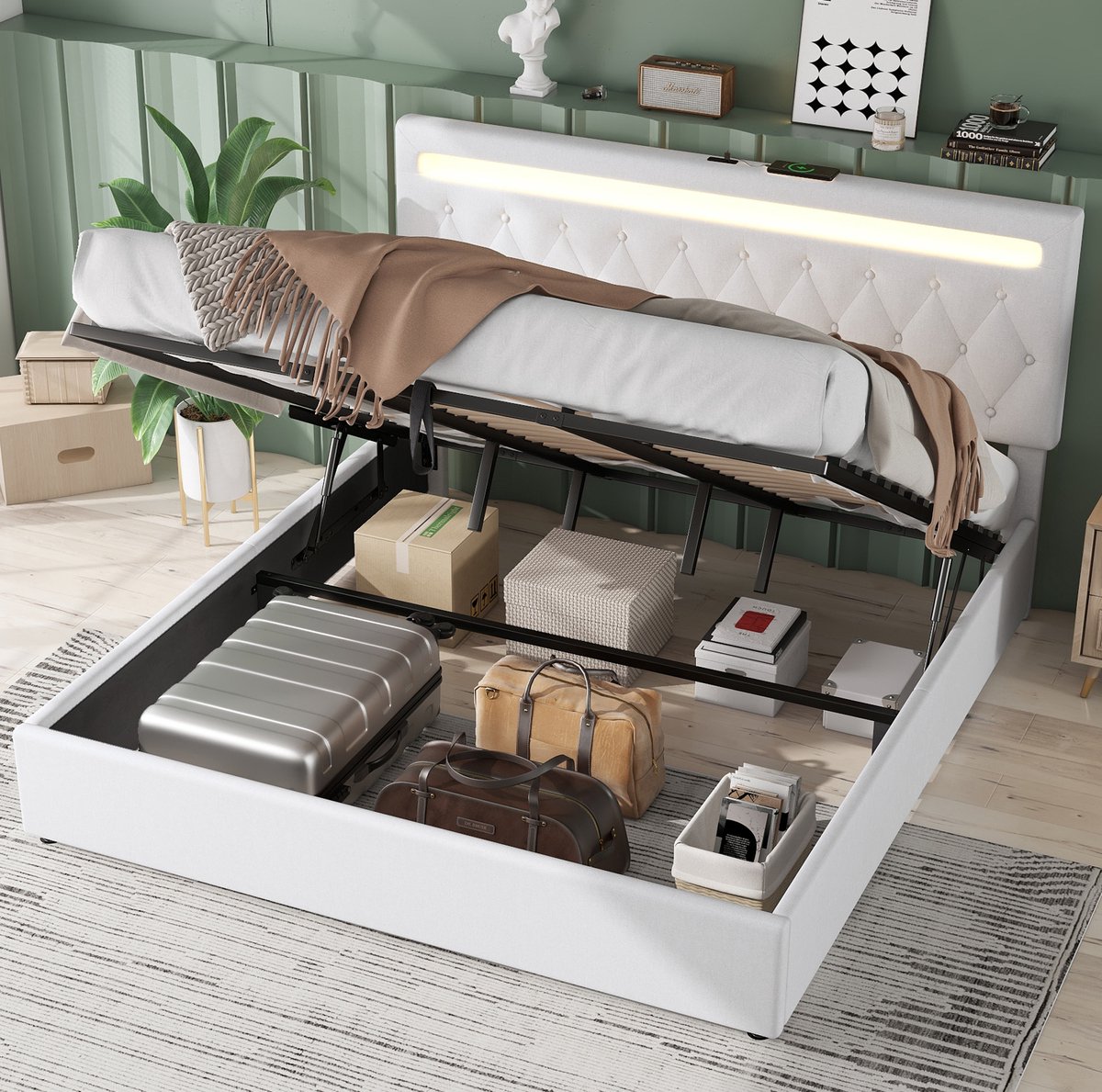 180*200 cm vlak bed, inclusief matras, hydraulische lift, sfeerverlichting met kleurverandering, USB-poort, wit.