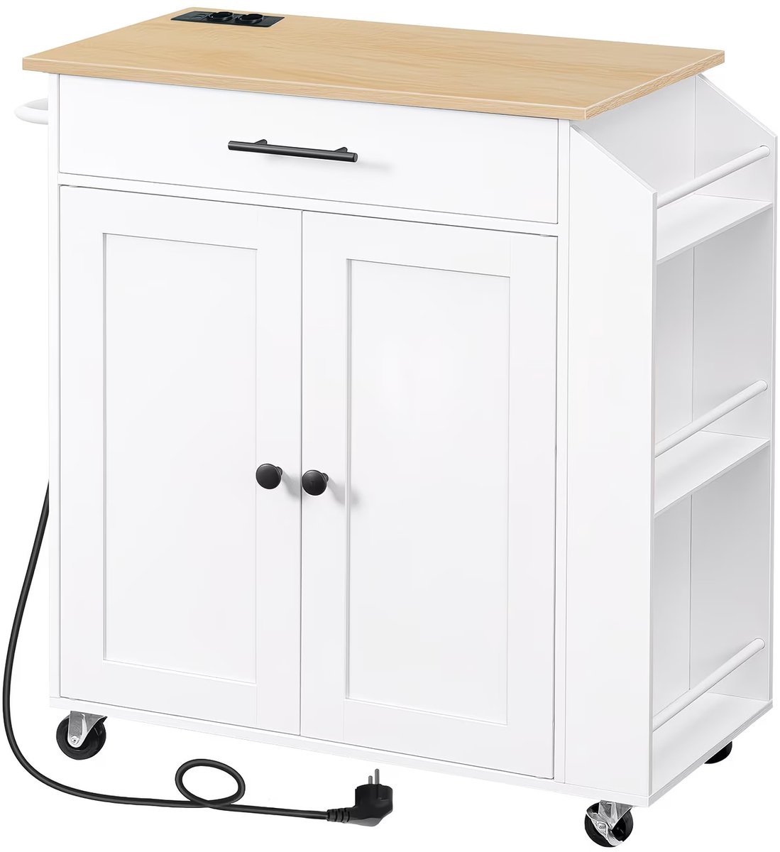Home & Beyond® Keukentrolley met Stopcontact en USB - Verrijdbaar Keukeneiland - Opbergkast met Lade en Zijrekken - 86 x 66 x 38 cm - Wit/Houtlook