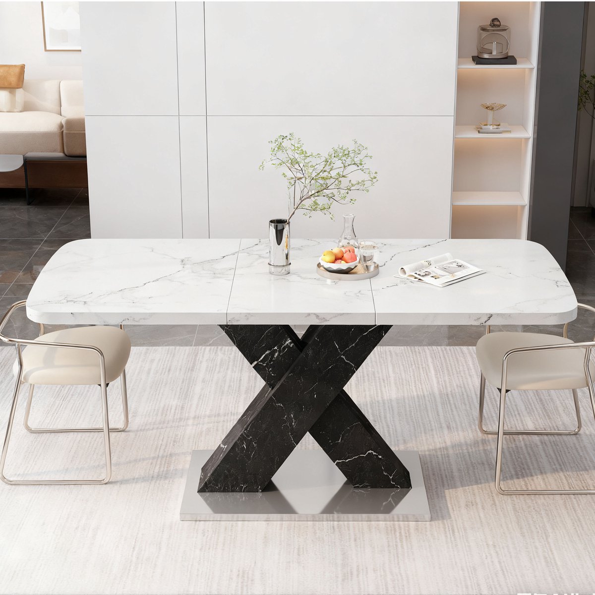 MIVRAY Eettafel - Uitschuifbaar Rechthoekig Ontwerp - Voor Eetkamer En Keuken - MDF En Staal - 120-160x80x76,5 Cm Wit En Zwart
