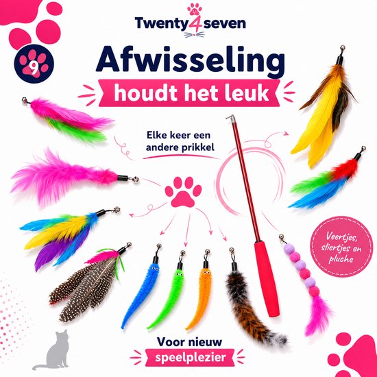 Wisselend kattenspeelgoed: veren, pluchen wormen en kralensnoer met veer, plus hengel.