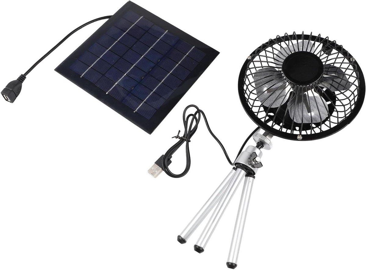Zonneventilator - Draagbare ventilator - Buitenkoeling - Dubbele stroomopties - 10W paneel - Zwart