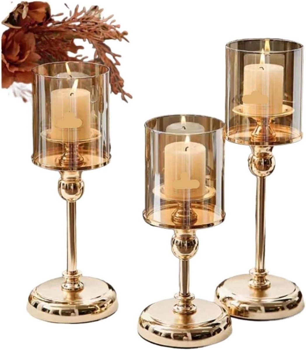 Theelicht Kaars Houder - Kaarsenhouder Set - Sfeervol Dineren - Glazen Houder - 12x36cm - Goud