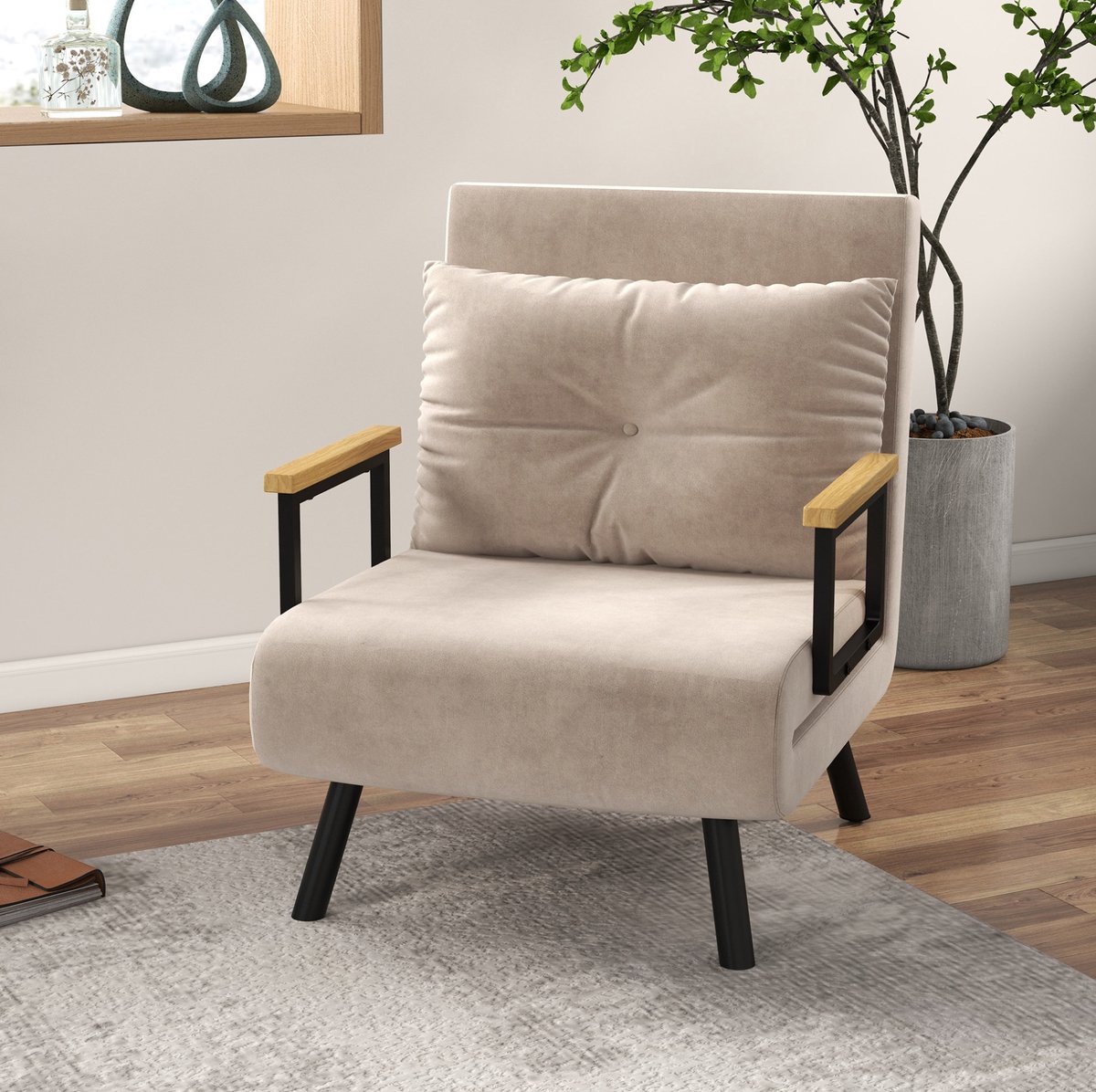 STILVORA Fauteuil 63 x 73 x 81 cm - Slaapfauteuil Met Verstelbare Rugleuning En Bedfunctie - Voor Woonkamer En Logeerkamer - Polyester Beige