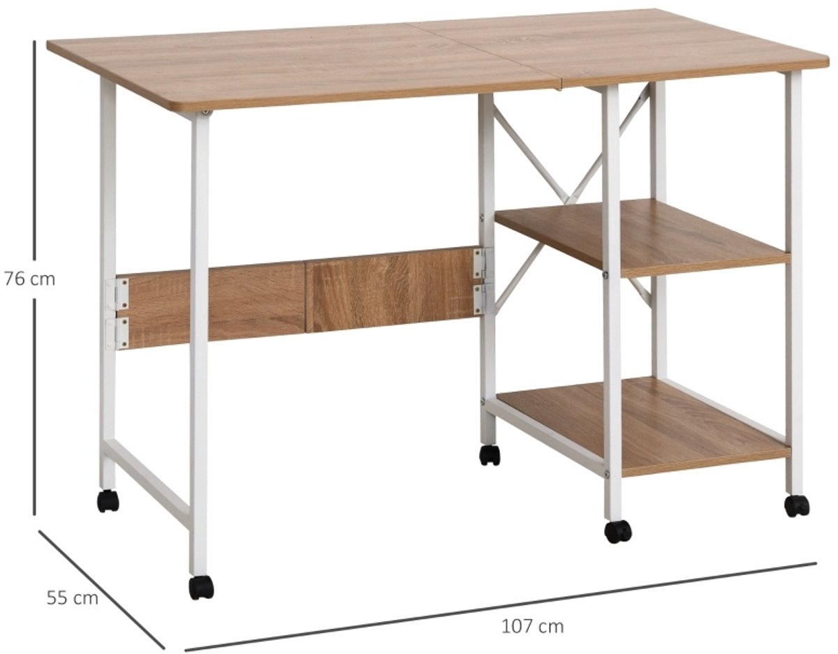 FloraGrace Bureau - Inklapbaar Bureau Op Wielen Met Opbergrek - Ruimtebesparend Voor Kantoor En Slaapkamer - MDF En Staal - 107x55x76 Cm - Wit