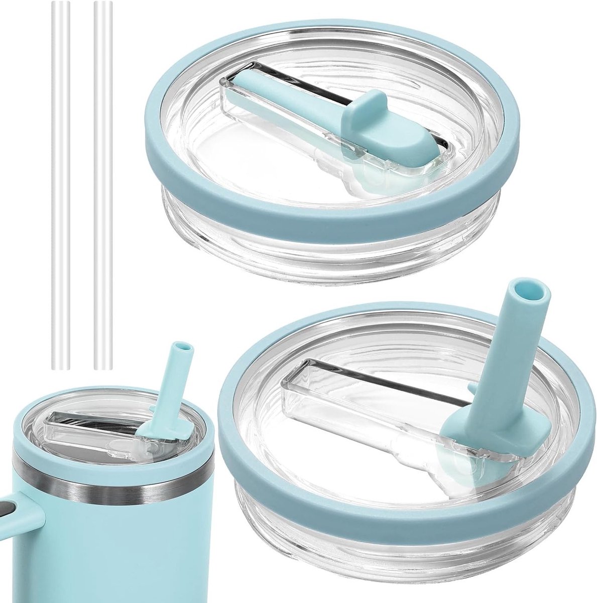 Herbruikbare en Lekvrije Dekselset voor 100 oz Bekers met Transparante Rietjes - 2 Stuks in Lichtblauw, Ideaal voor Tumblers en Drinkbekers
