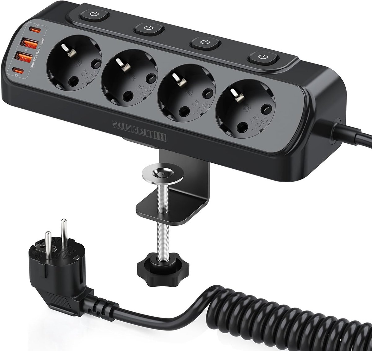 Tafelaansluiting met USB C PD 20 W, 4 Individuele Schakelaars, 4-Weg Hoekstopcontact, Meerdere Stopcontacten met Veerkabel, 2 m Kabel en Overspanningsbeveiliging, Zwart