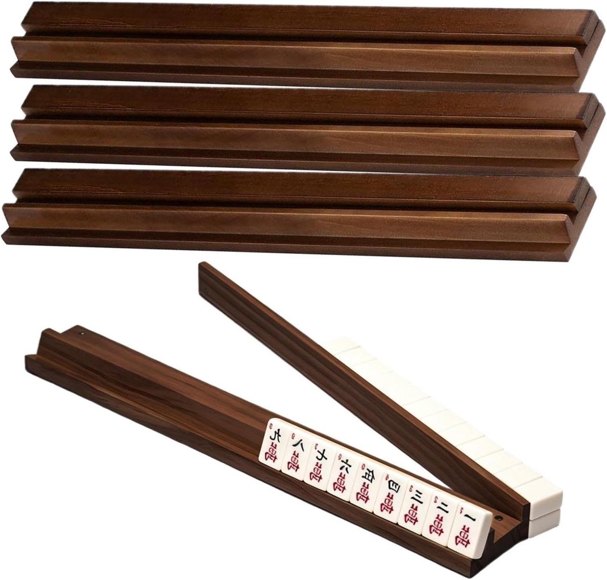 Mahjong Tegelrek - Tafelspel Accessoires - Spel Organisatie - Magnetische Schuivers - 4 Delige Set - Walnoot