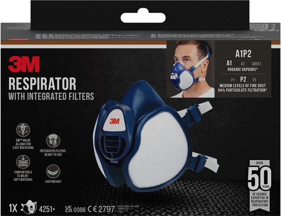 3M A1P2 herbruikbaar ademhalingsmasker met blauw en wit ontwerp, met "4251+" tekst.