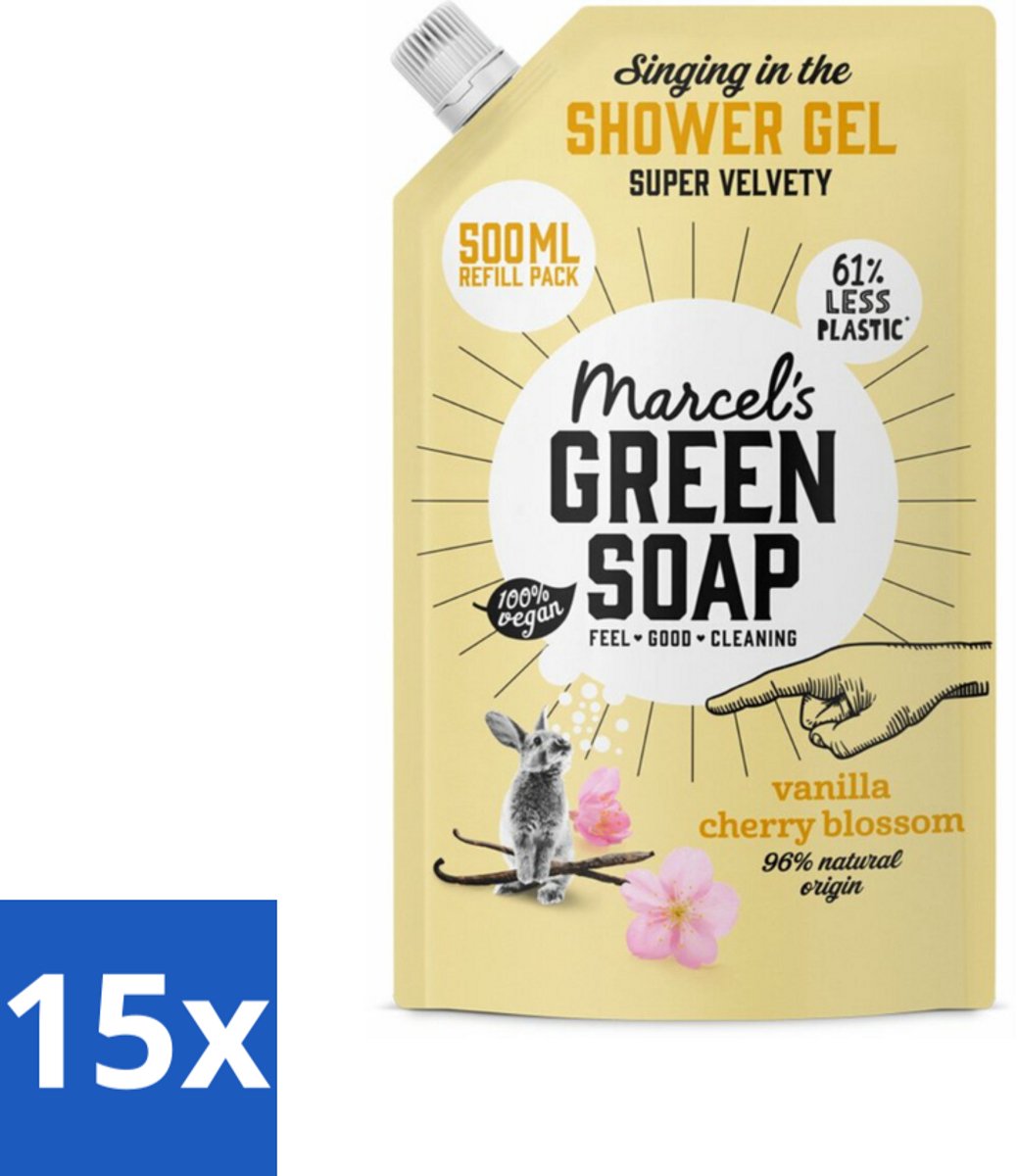 15 x Marcel's Green Soap - Shower Gel - Navulling - Vanille & Kersenbloesem - Krachtige werking - 500 ml - Douchegel - Natuurlijke Douchegel - Ecologische Douchegel - Vegan Douchegel - Biologische Douchegel