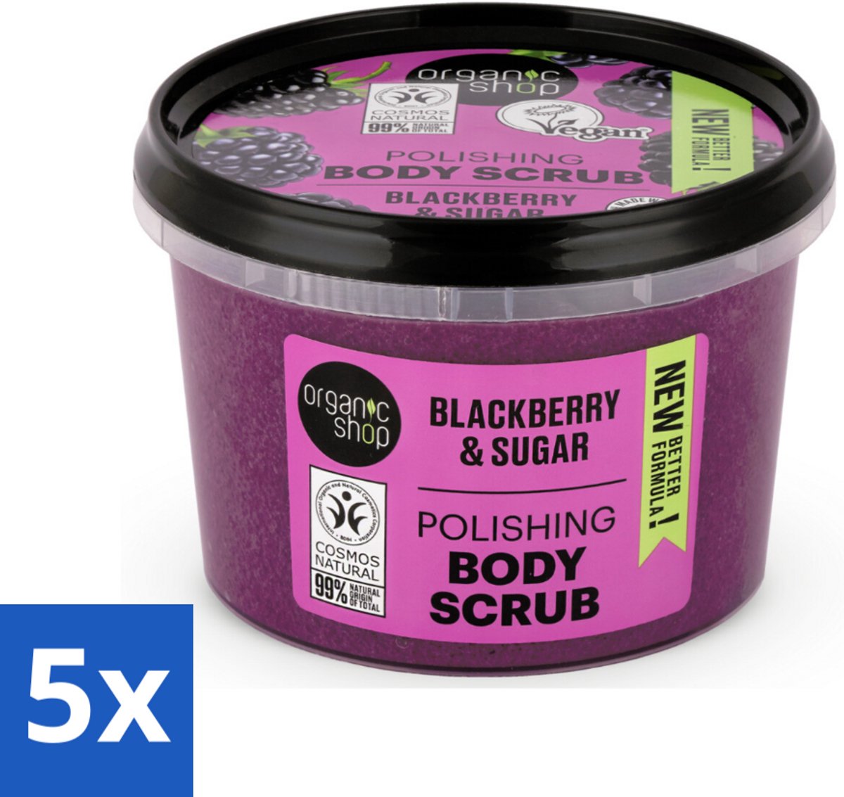 5 x Organic Shop - Body Scrub Blackberry - Verfrissend en Hydraterend - 250 ml - Bodyscrub - Exfoliatie - Huidverzorging - Organisch Braamextract - Natuurlijke Suiker
