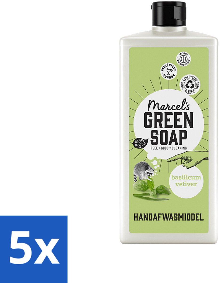 5 x Marcel's Green Soap - Afwasmiddel - Basilicum & Vetiver Gras - Plantaardig & duurzaam - 500 ml - Afwasmiddel Basilicum Vetiver Gras - Plantaardig Afwasmiddel - Duurzaam Afwasmiddel - Natuurlijk Afwasmiddel - Afwasmiddel Voor Vaat