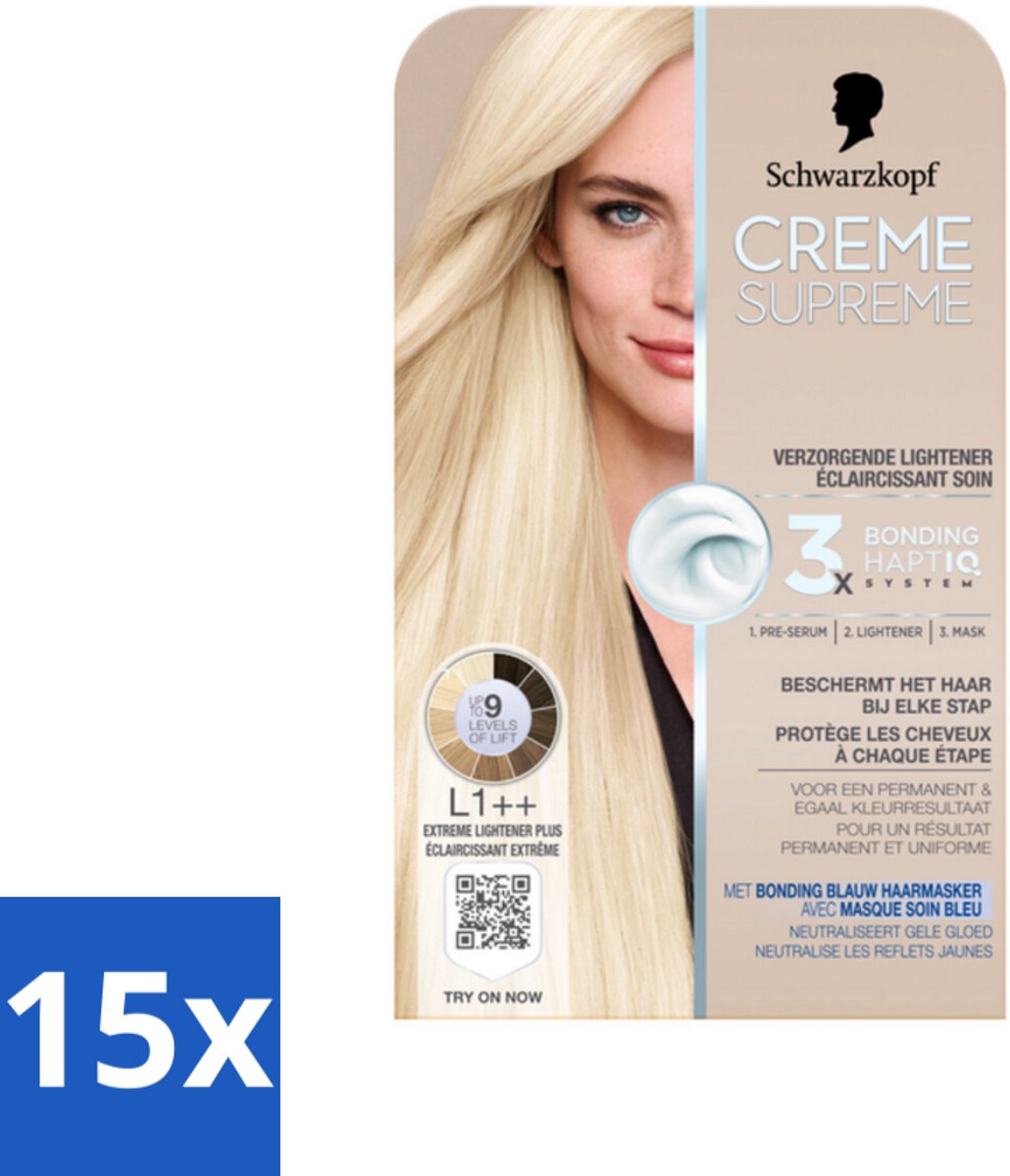 15 x Schwarzkopf - Haarkleuring - Creme Supreme L1++ - Extreme Lightener Plus - 245g - Haarkleuring - Permanent - Crème - Lichte Haar - Blond