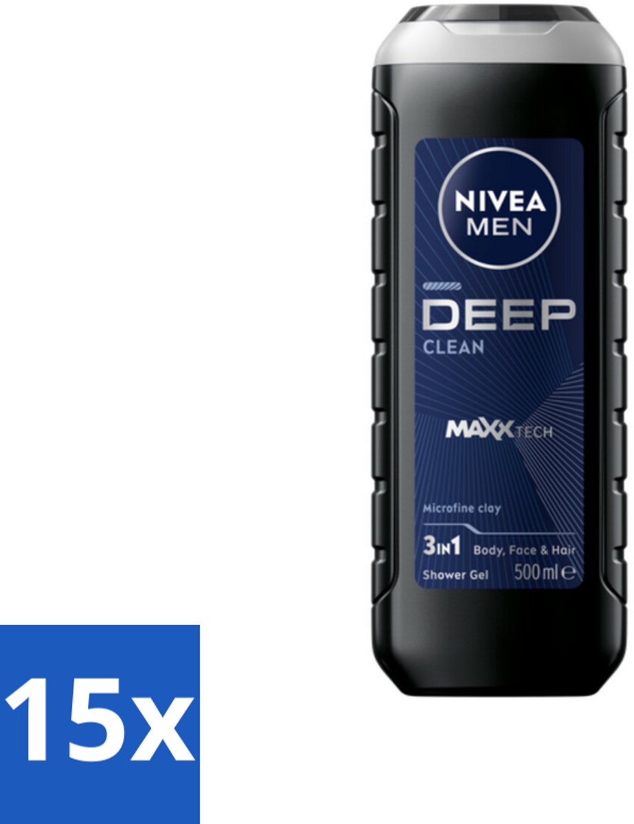 15 x NIVEA MEN - Douchegel - Deep Clean 3-in-1 - 500 ml - Douchegel - Diepe Reiniging - Microklei - Mannelijke Geur - Huidverzorging