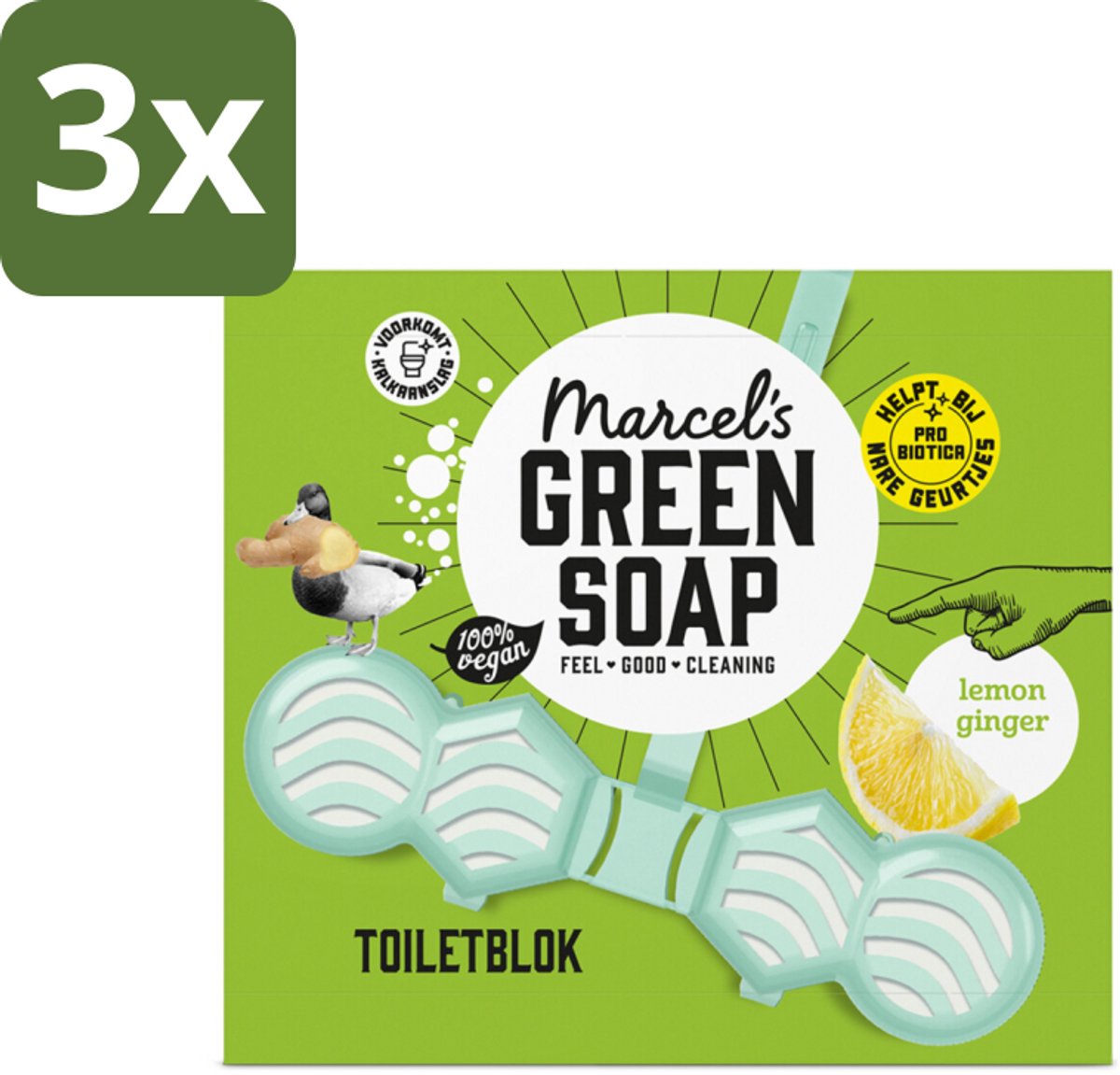 Marcel's Green Soap - Toiletblok - Citroen & Gember - Langdurige werking - 1 Toiletblok - Bulkverpakking - 3 stuks