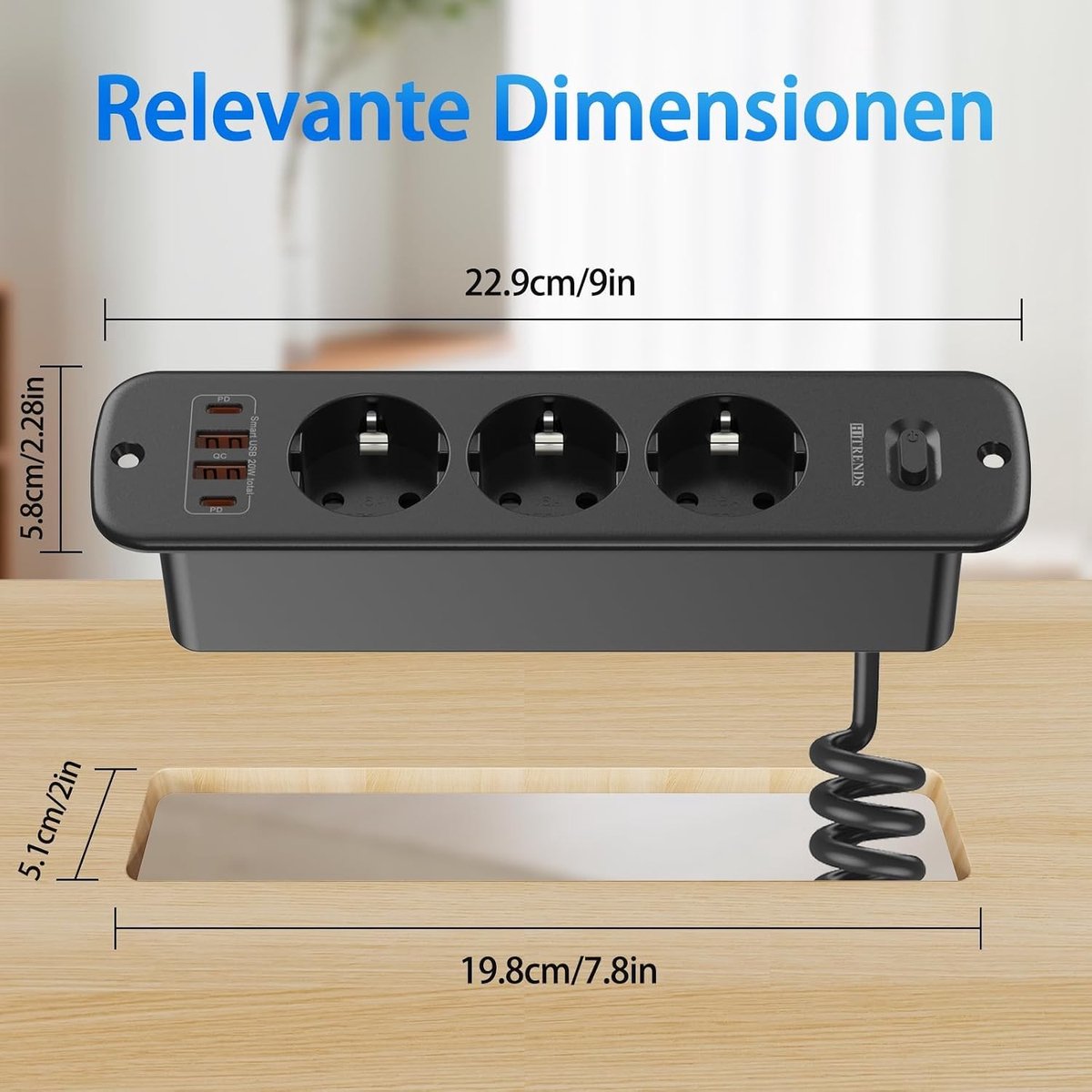 Werkblad Inbouwstopcontact - Zwart - Inklapbaar met USB C - 3 Vakjes met Spiraalkabel - Voor Kantoor en Thuiswerkplek
