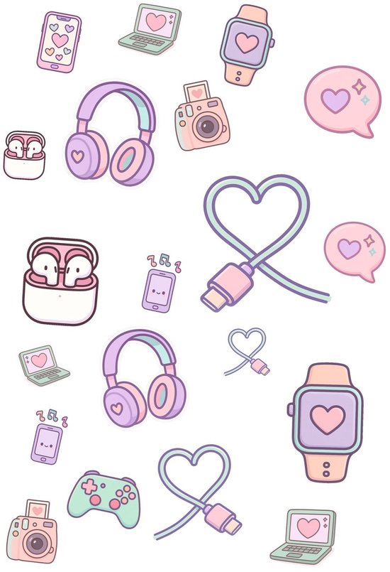 Een verzameling pastelkleurige gadgets zoals koptelefoons, smartphones, smartwatches, gamecontrollers, laptops, oordopjes, een camera en een USB-kabel, vaak met hartjes en muzieknoten.