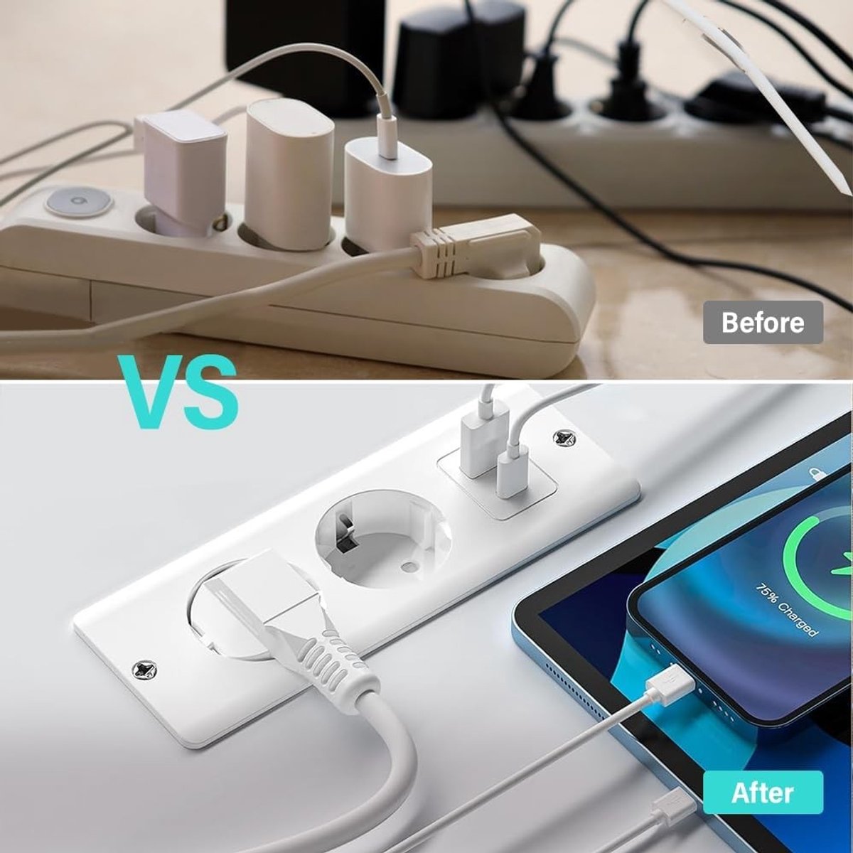 Inbouwstopcontact met USB - Zwart - 160 x 60 x 45 mm - 4-in-1 Tafelstopcontact met 2 m Kabel - Voor Thuis en Kantoor