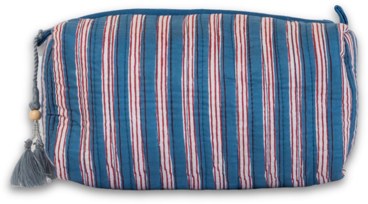 Toilettas S - Gewatteerd Katoen - Blauw Rode Strepen - Perfect voor onderweg - ShopVlot