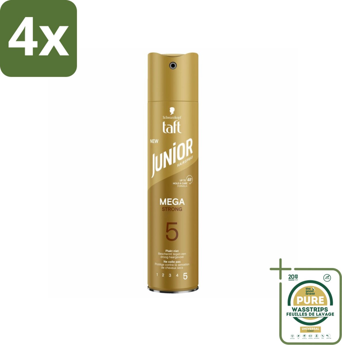 Taft - Mega Strong 5 - Junior Haarspray - Extra sterke hold voor kids - 250 ml - Voordeelverpakking - 4 stuks - Milde haarspray - Vegan haarspray