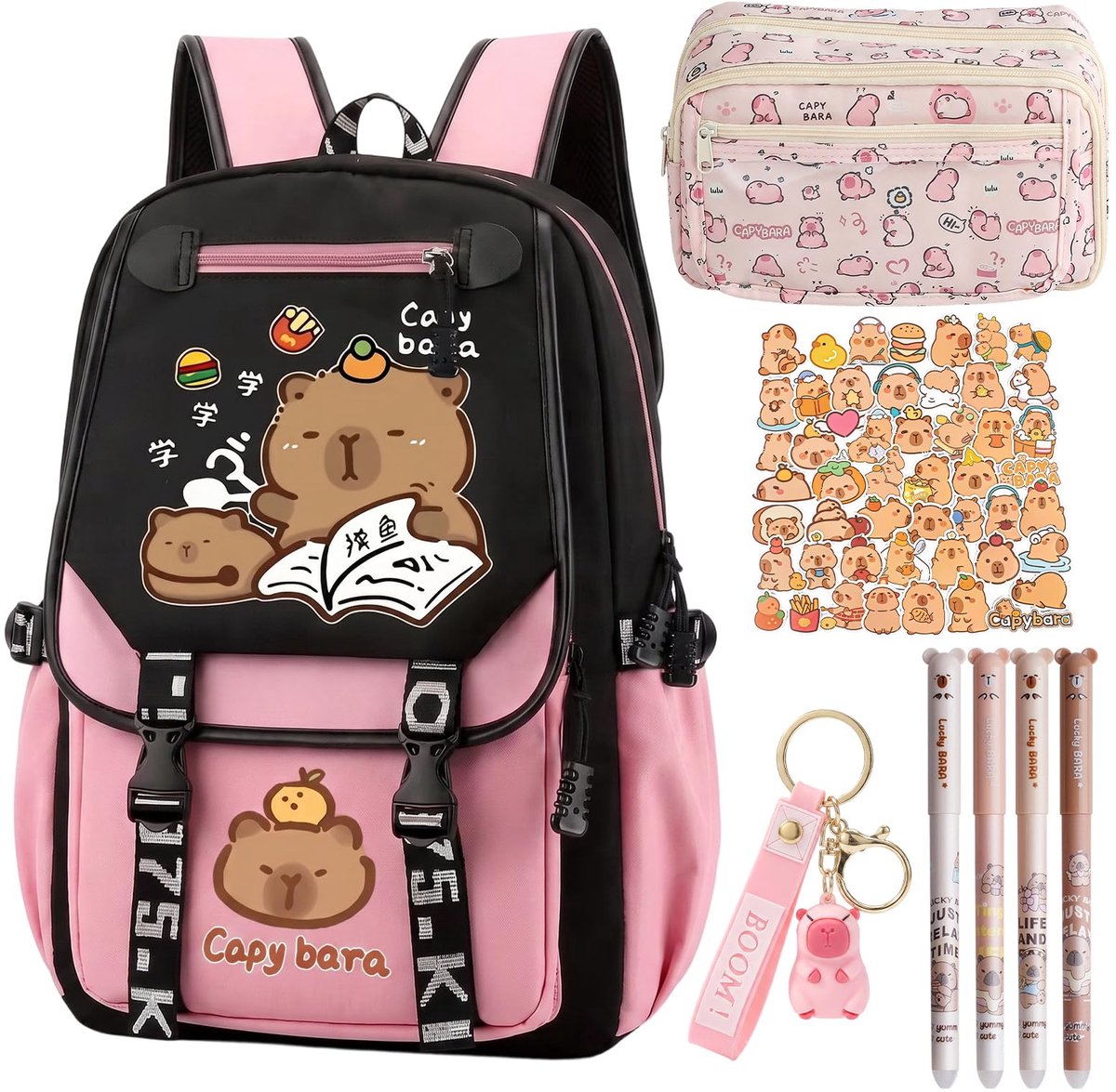 Capybara Schooltas met Etui en Uitwisbare Pennen, Roze 1 - ShopVlot