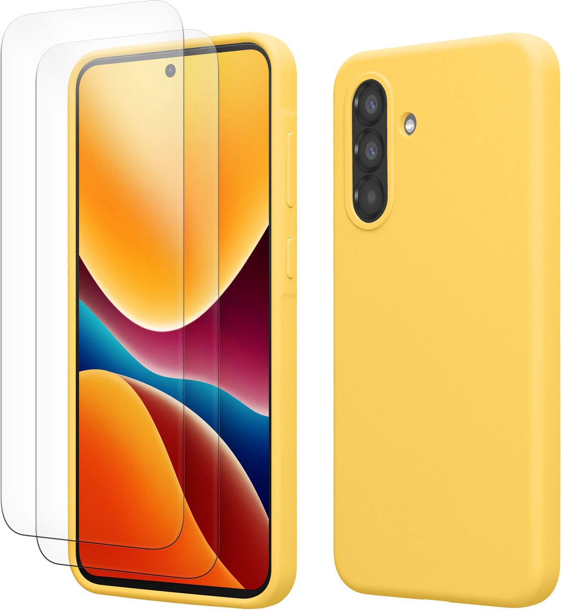 kwmobile hoes met 2x screenprotectors voor Samsung Galaxy A56 5G – screenprotector van gehard glas – draadloos opladen – stralend geel