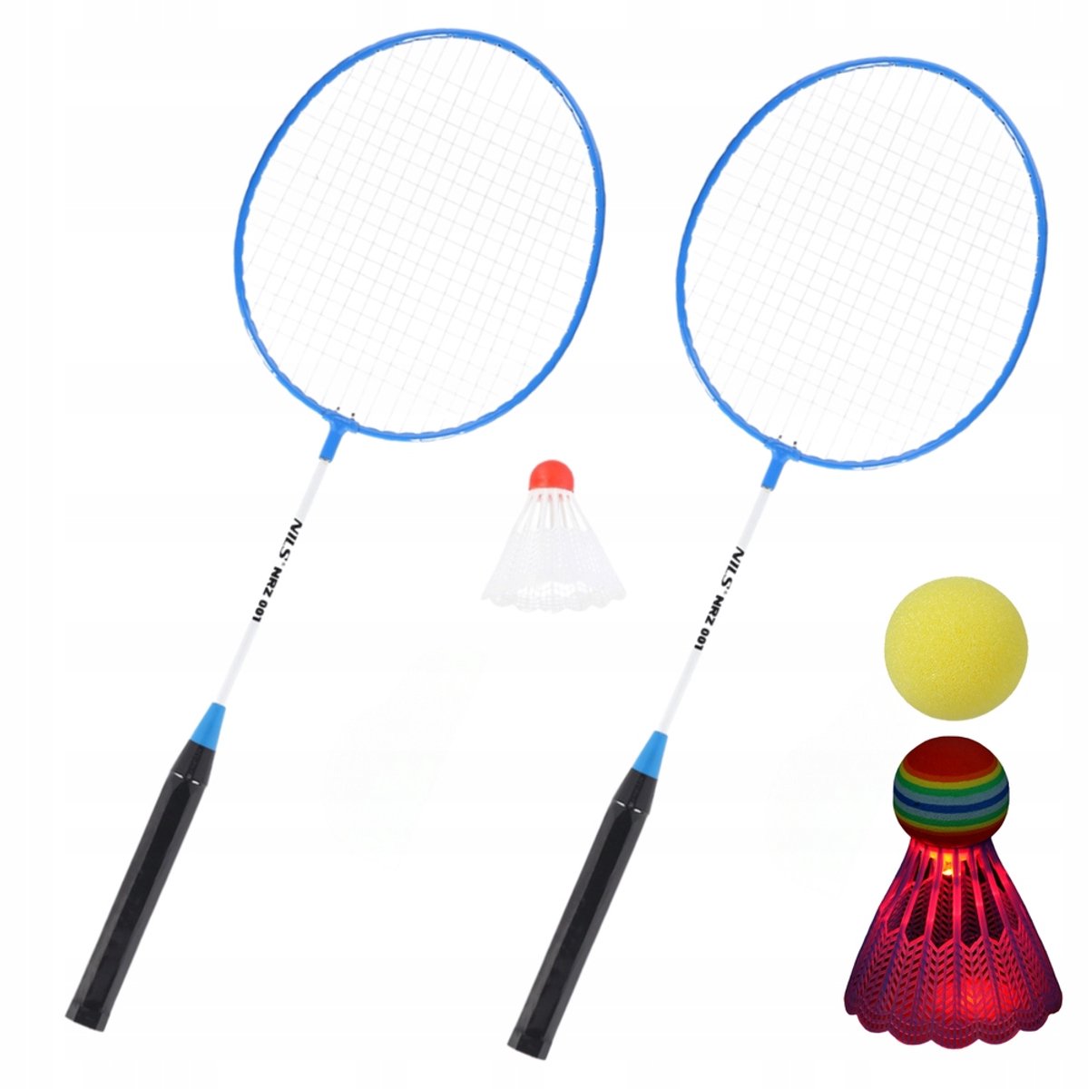 NILS Badmintonset: 2 rackets, 2 shuttles, 1 bal - blauw
