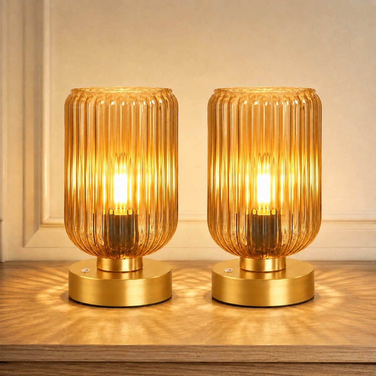 Rosnek Set van 2 Draadloze Tafellamp Mid-Century - Touch Dimbaar - Oplaadbare Bedlamp met Amber Glas - Vintage Nachtlamp 7500mAh - Sfeerlamp - Slaapkamer Woonkamer