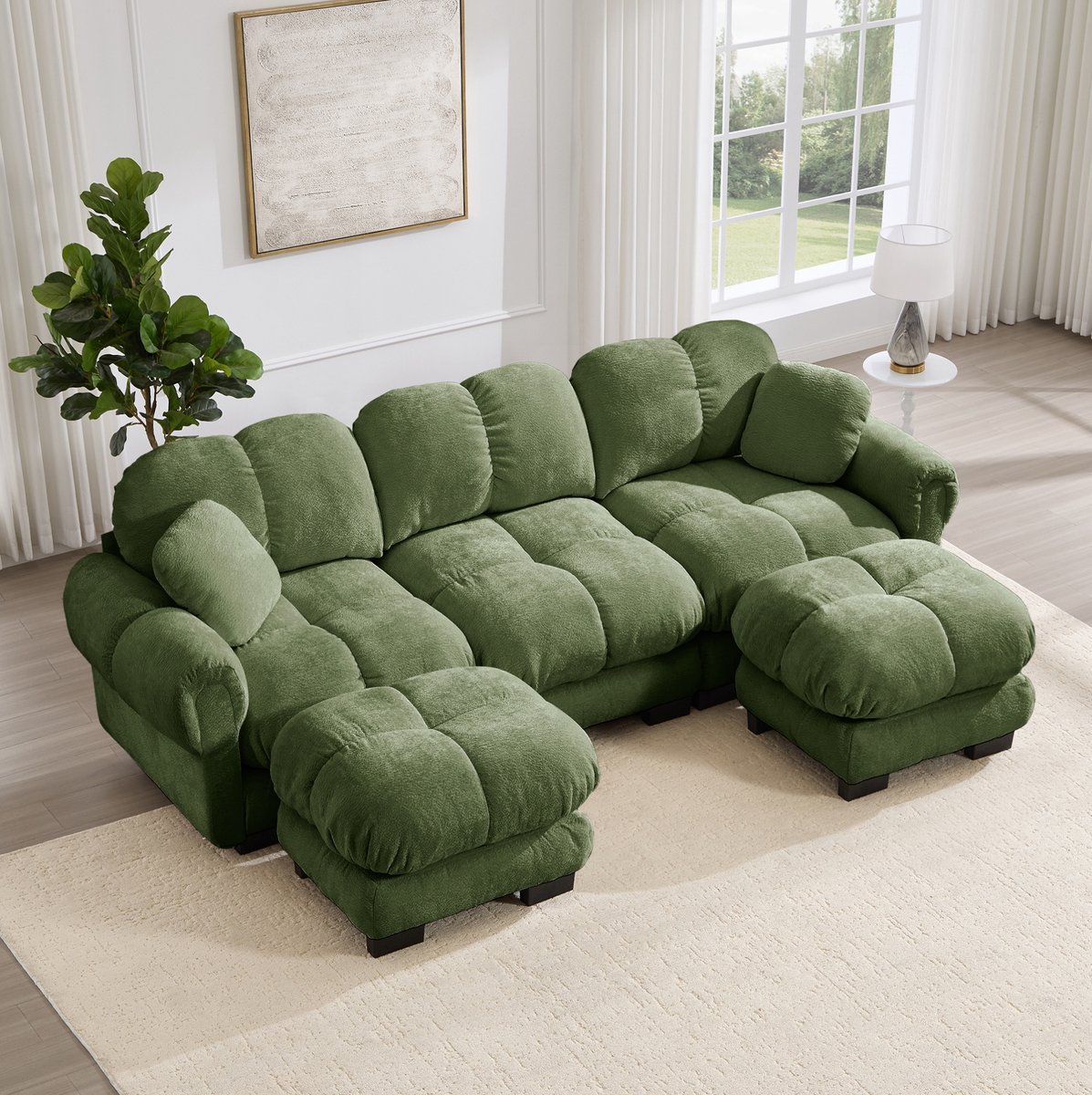 MODENUIT U-bank 260 x 149 x 90 cm - 3-zits - Met Verplaatsbare Ottomane En 2 Sierkussens - Chenille Groen
