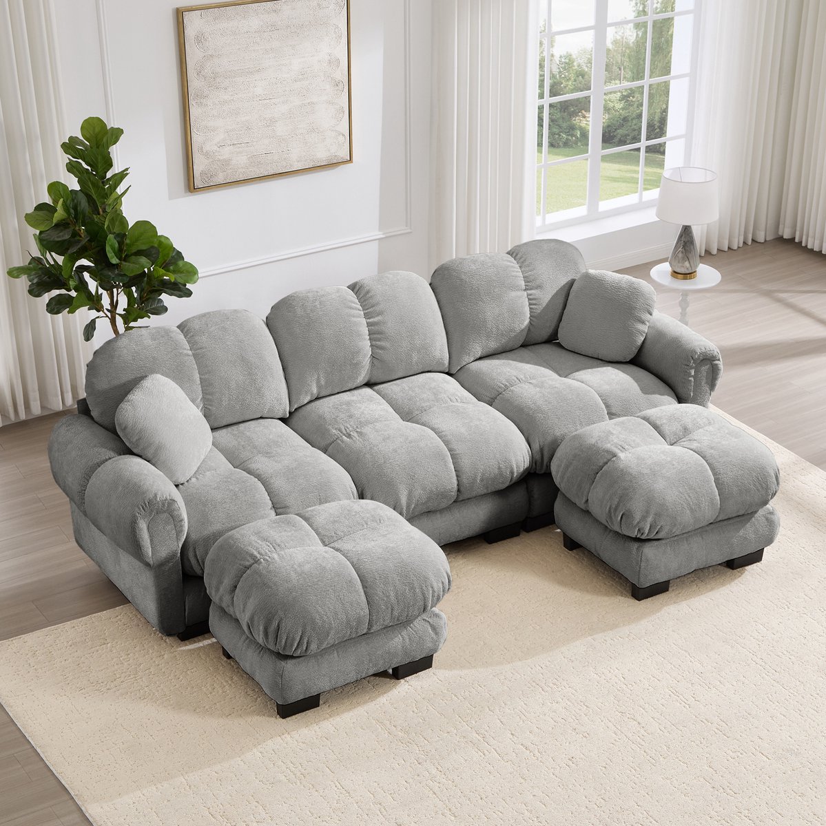MODENUIT U-bank 260 x 149 x 90 cm - 3-zits met mobiele ottomane en 2 sierkussens - Stof - Lichtgrijs