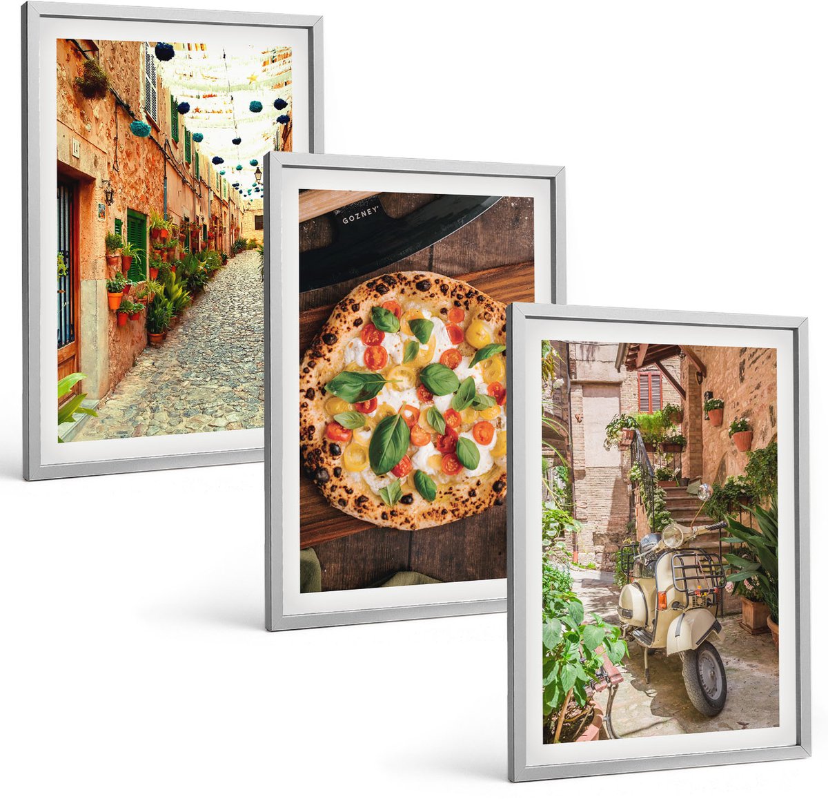 TULUP 4-Delige Schilderij Set - Sfeervolle straatjes met planten en Italiaanse pizza. - 40 x 60 cm - Schilderijen Set - Wanddecoratie - Woonkamer - Interieur Decoratie Zilveren lijst