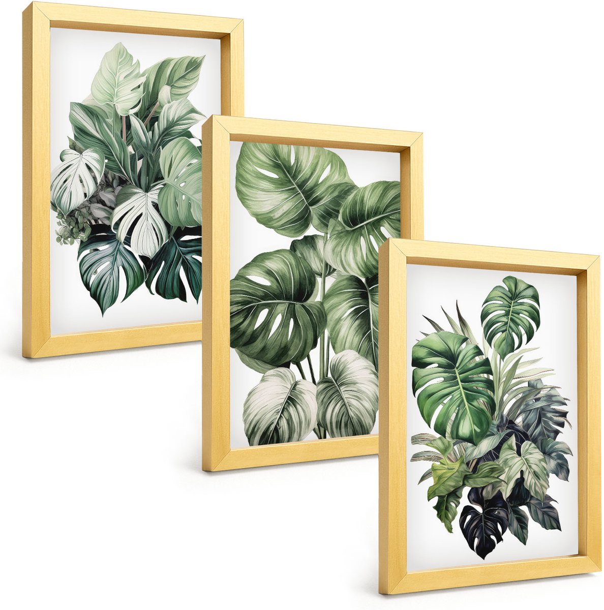 TULUP 4-Delige Schilderij Set - Groene bladeren van tropische planten, aquarelverf - 20 x 30 cm - Decoratieve Muurdecoratie - Slaapkamer - Interieur Decoratie Gouden lijst