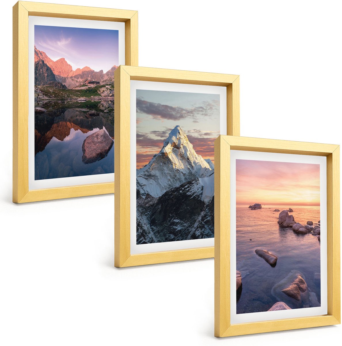 TULUP 4-Delige Schilderij Set - Berglandschappen met water en rotsen op de achtergrond. - 20 x 30 cm - Wanddecoratie - Schilderijen Set - Kantoor - Muurdecoratie Gouden lijst