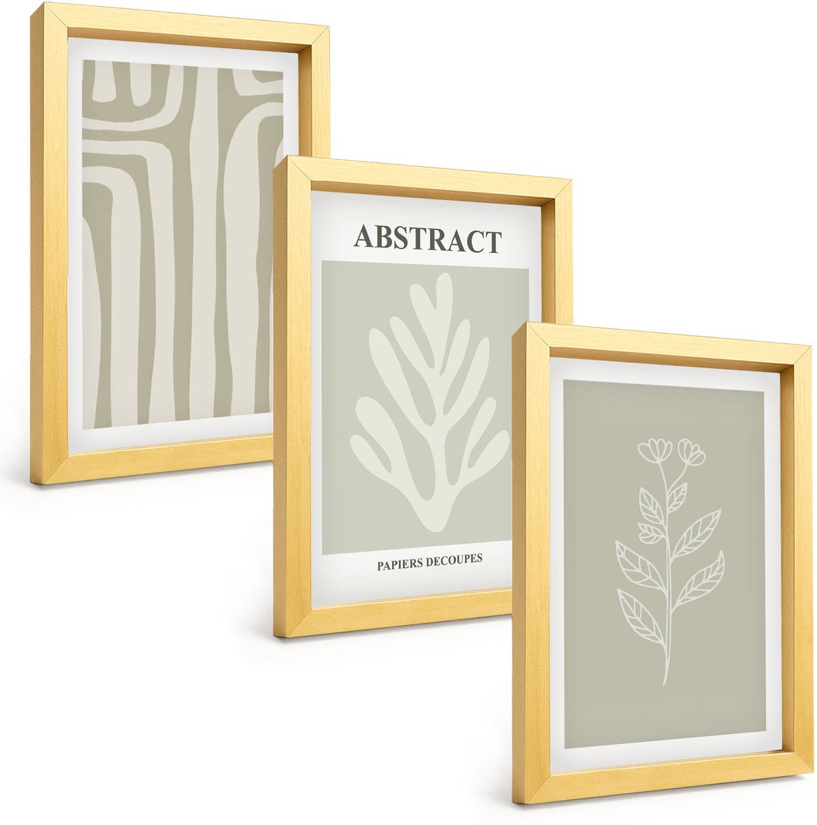 TULUP 4-Delige Schilderij Set - Abstracte plantpatronen in ingetogen kleuren - 20 x 30 cm - Moderne Wanddecoratie - Slaapkamer - Interieur Decoratie Gouden lijst