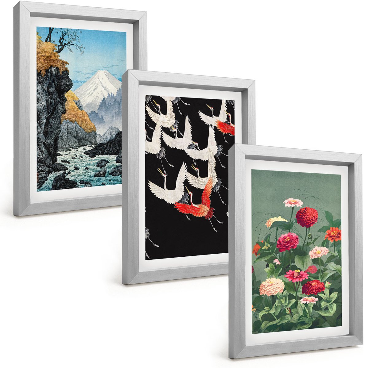Tulup 4-Delige Schilderij Set - Bergen met een waterval, vogels in vlucht en kleurrijke bloemen - 20 x 30 cm - Wanddecoratie - Moderne Interieurdecoratie