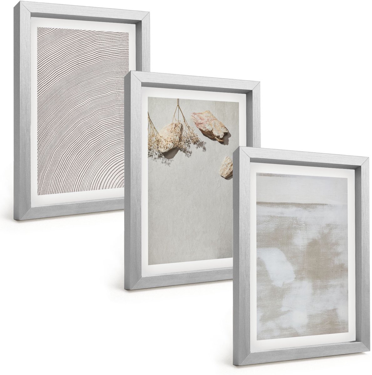 TULUP 4-Delige Schilderij Set - Zandstenen en een verweerde textuur in boho-stijl - 20 x 30 cm - Stijlvolle Muurdecoratie - Kantoor Zilveren lijst