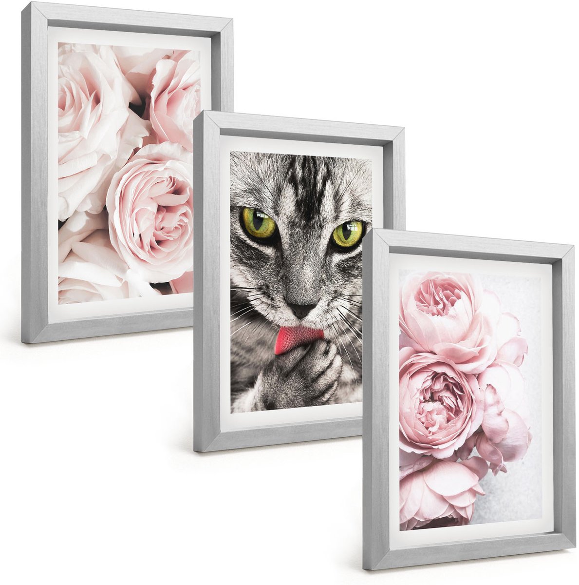 Tulup 4-Delige Schilderij Set - Kat tussen roze rozen en pioenrozen - 20 x 30 cm - Stijlvolle Muurdecoratie - Slaapkamer - Moderne Wanddecoratie
