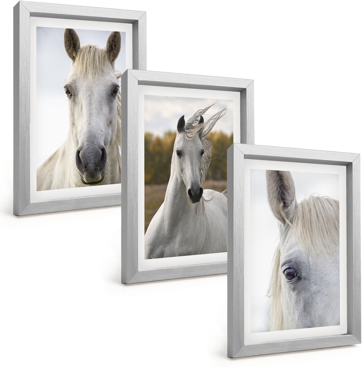 Tulup 4-Delige Schilderij Set - Witte paarden in verschillende houdingen tegen een natuurlijke achtergrond. - 20 x 30 cm - Wanddecoratie - Moderne Interieurdecoratie - Interieur Decoratie