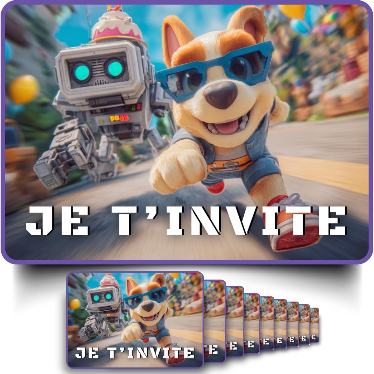 Uitnodigingskaarten verjaardag kinderen x 10 + bedrukte enveloppen - thema [eenhoorn/hond/robot] - ShopVlot