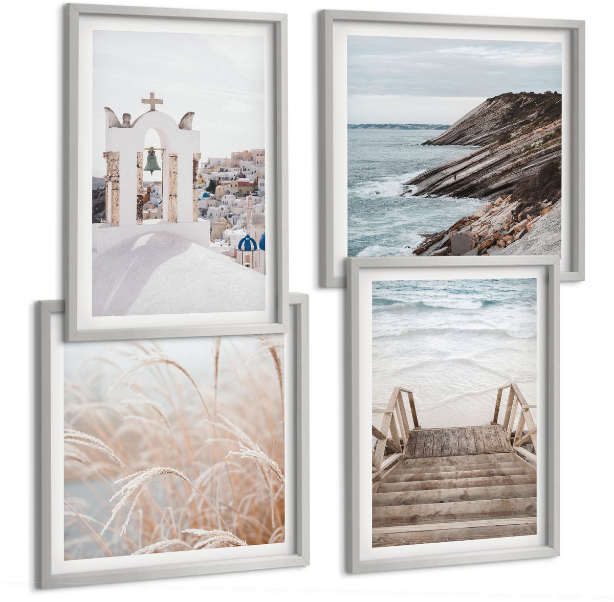 TULUP 4-Delige Schilderij Set - Uitzicht op de zee en de architectuur van Santorini tegen de hemel. - 40 x 40 cm en 40 x 60 cm - Wanddecoratie - Moderne Interieurdecoratie Zilveren lijst