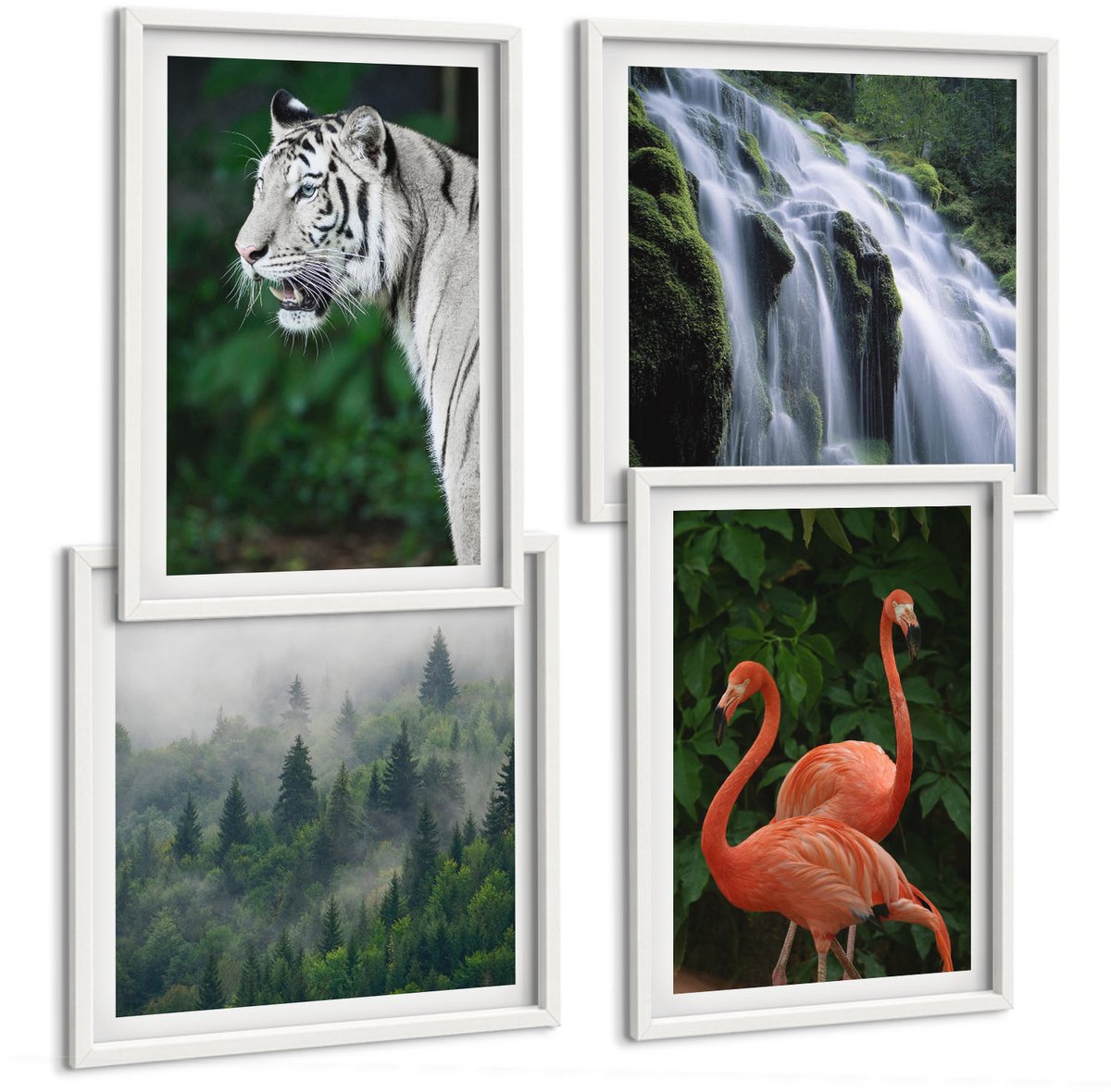Tulup 4-Delige Schilderij Set - Tijgerwaterval en roze flamingo's in de natuur - 40x40 en 40x60 - Wanddecoratie - Schilderijen Set - Interieur - Muurdecoratie