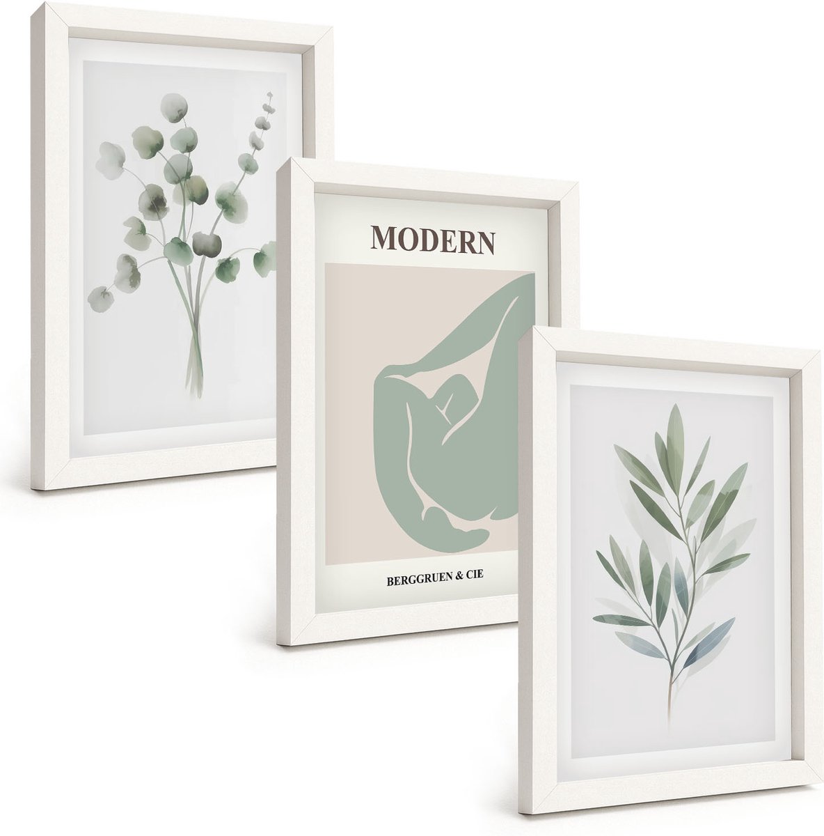 Tulup 3-Delige Schilderij Set - Plantmotieven in delicate groene tinten - 20x30 - Wanddecoratie - Schilderijen Set - Kantoor - Decoratieve Schilderijen